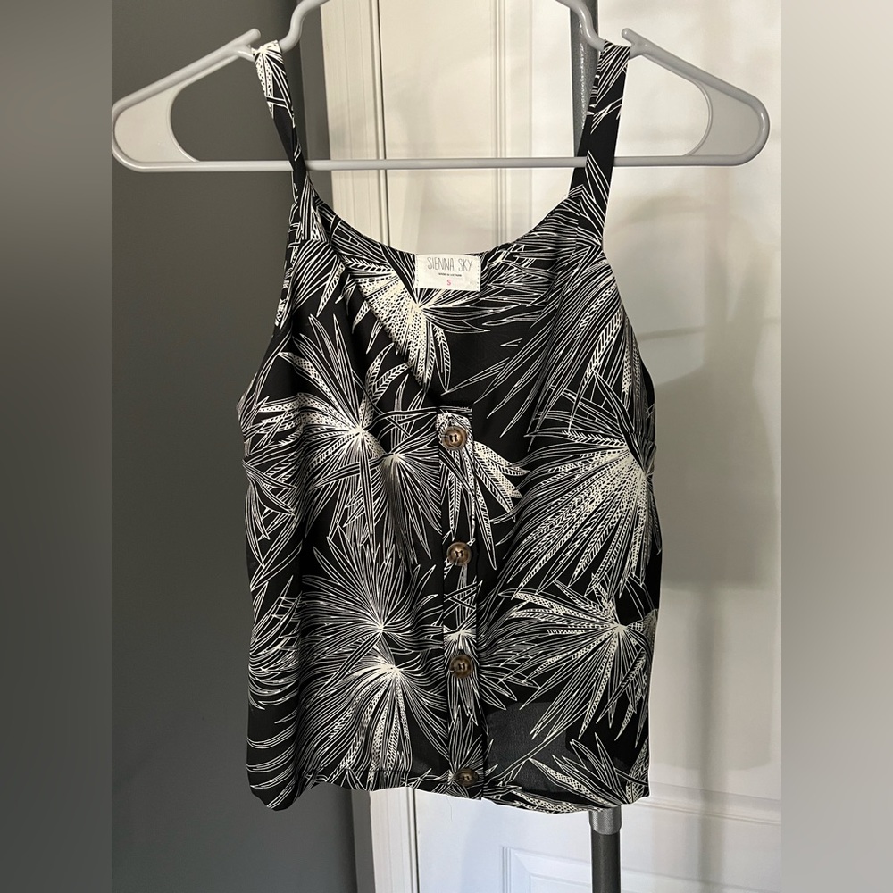 Black with White Floral Design Crop Tank Top
